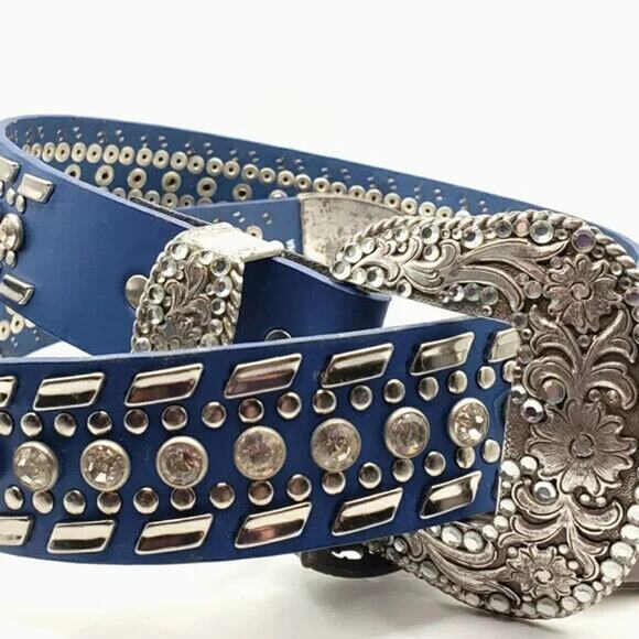 Nocona Blue Leather Belt Clear Crystal Stud Silver Tone Buckle Western Small 26" - Picture 2 of 16